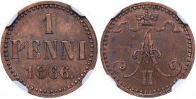 Russia - Grand Duchy of Finland 1 penniä 1866 NGC MS 61 BN
Mint luster. Rare condition. Bitkin# 666. Alexander II (1854-1881)