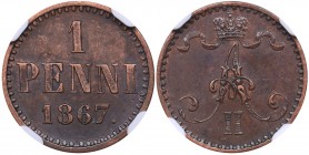 Russia - Grand Duchy of Finland 1 penniä 1867 NGC AU 58 BN
Mint luster. Rare condition. Bitkin# 667. Alexander II (1854-1881)
