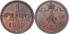 Russia - Grand Duchy of Finland 1 penniä 1869
1.29 g. UNC/UNC Mint luster. Rare condition. Bitkin# 668. Alexander II (1854-1881)
