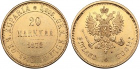 Russia - Grand Duchy of Finland 20 markkaa 1878 S
6.45 g. XF+/AU Mint luster. Bitkin# 611 R. Rare! Alexander II (1854-1881)