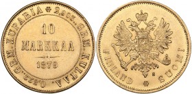 Russia - Grand Duchy of Finland 10 markkaa 1879 S
3.21 g. AU/UNC Mint luster. Bitkin# 615. Alexander II (1854-1881)