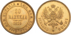 Russia - Grand Duchy of Finland 20 markkaa 1879 S
6.45 g. UNC/UNC Mint luster. Bitkin# 612. Alexander II (1854-1881)