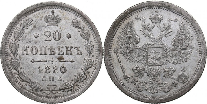 Russia 20 kopeks 1880 СПБ-НФ
3.52 g. AU/AU Mint luster. Bitkin# 233. Alexander ...