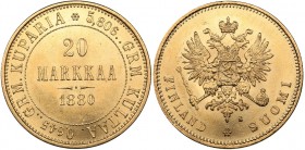 Russia - Grand Duchy of Finland 20 markkaa 1880 S
6.45 g. UNC/UNC Mint luster. Rare condition! Bitkin# 613 R1. Very rare! Alexander II (1854-1881)