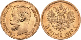 Russia 5 roubles 1898 AГ
4.29 g. XF/AU Mint luster. Bitkin# 20. Nicholas II (1894-1917)