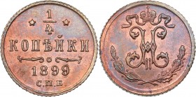 Russia 1/4 kopecks 1899 СПБ
0.82 g. UNC/UNC Mint luster. Rare condition. Bitkin# 310. Nicholas II (1894-1917)