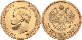 Russia 10 roubles 1901 ФЗ
8.58 g. XF-/XF+ Mint luster. Bitkin# 8. Nicholas II (1894-1917)