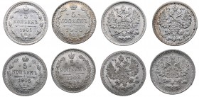 Russia 5 kopecks 1901, 1905, 1908, 1910 (4)
1901, 1905, 1908, 1910 (4)