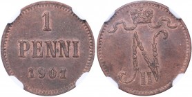 Russia - Grand Duchy of Finland 1 penniä 1901 NGC MS 62 BN
Mint luster. Bitkin# 462. Nicholas II (1894-1917)