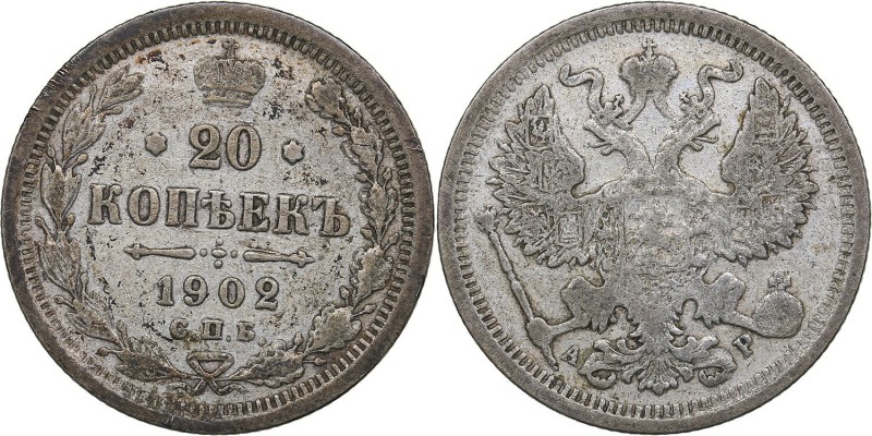 Russia 20 kopecks 1902 СПБ-АР
3.56 g. F/F Bitkin# 102 R. Rare! Nicholas II (189...