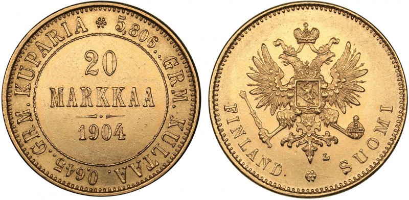 Russia - Grand Duchy of Finland 20 markkaa 1904 L
6.44 g. AU/AU Mint luster. Bi...