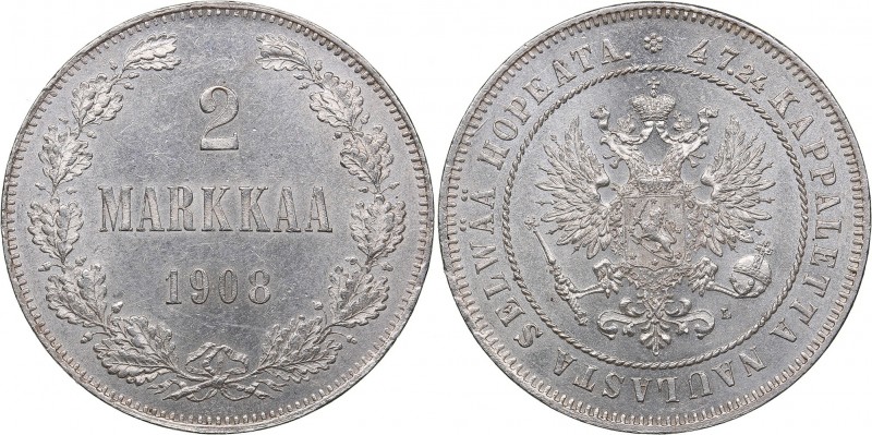 Russia - Grand Duchy of Finland 2 markkaa 1908
10.39 g. AU/UNC Mint luster. Bit...