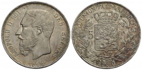 BELGIO - Leopoldo II (1865-1909) - 5 Franchi - 1875 - AG Kr. 24 Delicata patina - qFDC