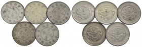 CINA - Yunnan - 50 Centesimi - (1911-1915) - AG Kr. 257 Pesi che vanno da gr. 12,80 a gr. 13.3 - Lotto di 5 monete - qBB÷qSPL