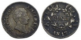 FRANCIA - Napoleone I, Imperatore (1804-1814) - Quarto di franco - AN 13 A - AG RR Kr. 654.1 Patinata, bei fondi - BB/qSPL