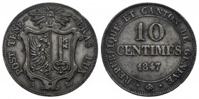 SVIZZERA - GINEVRA - 10 Centesimi - 1847 A-B - MI Kr. 134 - qSPL/BB+