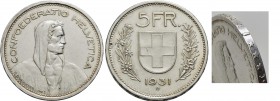 SVIZZERA - Confederazione - 5 Franchi - 1931 - AG Kr. 40 Scritta tipo I che parte a ore 2 - SPL+