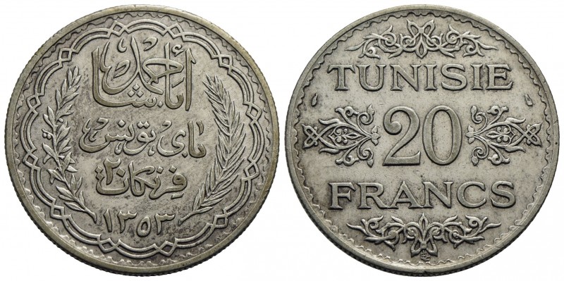 TUNISIA - Ahmad Pasha Bey (1929-1942) - 20 Franchi - 1934-5 - AG Kr. 263 - qSPL