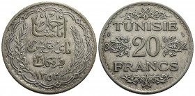 TUNISIA - Ahmad Pasha Bey (1929-1942) - 20 Franchi - 1934-5 - AG Kr. 263 - qSPL