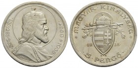 UNGHERIA - Ammiraglio Horthy (reggenza) (1926-1945) - 5 Pengo - 1938 - 900° anniversario S. Stefano - AG Kr. 516 Eccezionale - FDC