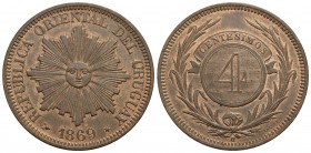 URUGUAY - Repubblica (1830) - 4 Centesimi - 1869 H - CU Kr. 13 Rame rosso - FDC