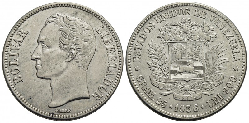 VENEZUELA - Repubblica (1823) - 5 Bolivares - 1936 - AG Kr. 24.2 - qSPL