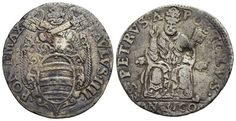 ANCONA - Paolo IV (1555-1559) - Testone - Stemma sormontato da tiara e chiavi de...