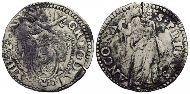 ANCONA - Gregorio XIII (1572-1585) - Testone - Stemma ovale in cornice lineare -...