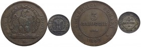 BOLOGNA - Repubblica Romana (1848-1849) - 3 Baiocchi - 1849 - CU Pag. 260; Mont. 71 assieme a 4 b. (BB+) - Lotto di due monete - BB-SPL