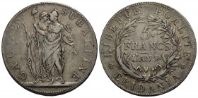 TORINO - Repubblica Subalpina (1800-1802) - 5 Franchi - A. 9 - AG RR Pag. 5; Mont. 9 - bel BB
