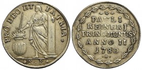 VENEZIA - Paolo Renier (1779-1789) - Osella - 1780 A. II - La Costanza brandisce la spada sopra un vaso fiammeggiante - R/ Scritta su cinque righe ent...
