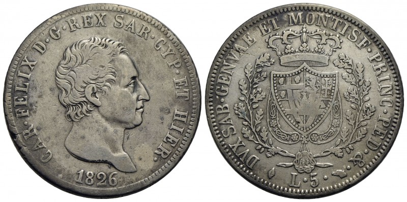 Carlo Felice (1821-1831) - 5 Lire - 1826 T - AG Pag. 71; Mont. 61 Pulita - megli...