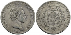 Carlo Felice (1821-1831) - 5 Lire - 1827 G - AG Pag. 72; Mont. 64 Colpo - qBB