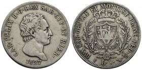 Carlo Felice (1821-1831) - 5 Lire - 1827 T - AG Pag. 73; Mont. 63 Pulita - qBB