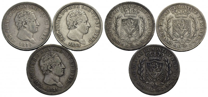 Carlo Felice (1821-1831) - 2 Lire - 1830 G e T (P), 31 T - AG Lotto di tre monet...