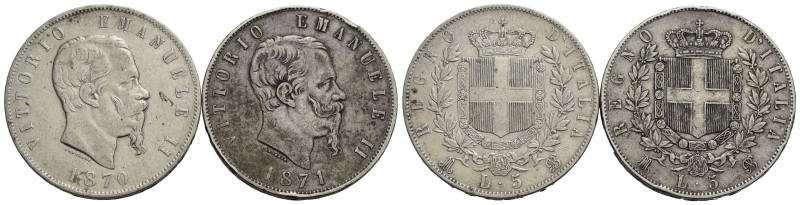 Vittorio Emanuele II Re d'Italia (1861-1878) - 5 Lire - 1870 e 71 M - AG Lotto d...