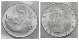 Repubblica Italiana (emissioni in lire) (1946-2001) - 5 Lire - 1969 - IT NC Mont. 15 1 della data rovesciato Sigillata - FDC