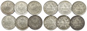 Estere - GERMANIA - 1/2 Marco 1905 J - 1915 A - 1917 F - 1918 D e F - 1919 E in alta conservazione - Lotto di 6 monete - SPL÷FDC