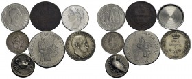 VARIE - 2 lire 1939 lievemente tranciato, 10 cent. 1867 T appena impresso al D/ e 100 lire lato di una scatolina - Lotto di 7 monete di cui 3 con part...