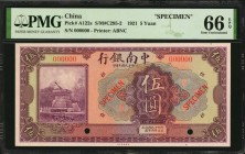 CHINA--REPUBLIC

(t) CHINA--REPUBLIC. The China & South Sea Bank Limited. 5 Yuan, 1921. P-A122s. Specimen. PMG Gem Uncirculated 66 EPQ.

(S/M#C295...