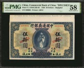 CHINA--REPUBLIC

(t) CHINA--REPUBLIC. Commercial Bank of China. 50 Dollars, 1920. P-7s. Specimen. PMG Choice About Uncirculated 58.

(S/M#C293-46)...