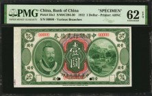 CHINA--REPUBLIC

CHINA--REPUBLIC. Bank of China. 1 Dollar, 1912. P-25s1. Specimen. PMG Uncirculated 62 EPQ.

(S/M#C294-30). Printed by ABNC. Exces...