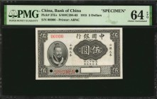 CHINA--REPUBLIC

CHINA--REPUBLIC. Bank of China. 5 Dollars, 1915. P-37Es. Specimen. PMG Choice Uncirculated 64 EPQ.

(S/M#C294-63). Printed by ABN...