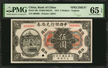 CHINA--REPUBLIC

CHINA--REPUBLIC. Bank of China. 5 Dollars, 1917. P-39s. Specimen. PMG Gem Uncirculated 65 EPQ.

(S/M#C294-81). Printed by ABNC. T...