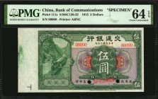CHINA--REPUBLIC

(t) CHINA--REPUBLIC. Bank of Communications. 5 Dollars, 1913. P-111s. Specimen. PMG Choice Uncirculated 64 EPQ.

(S/M#C126-32). P...