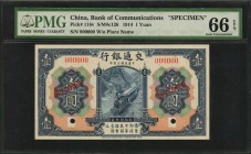 CHINA--REPUBLIC

CHINA--REPUBLIC. Bank of Communications. 1 Yuan, 1914. P-116v. Specimen. PMG Gem Uncirculated 66 EPQ.

(S/M#c126). Without place ...