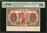 CHINA--REPUBLIC

(t) CHINA--REPUBLIC. Bank of Communications. 1 Yuan, 1914. P-116vs. Specimen. PMG Choice Uncirculated 63 EPQ.

(S/M#C126). Printe...