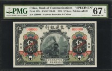 CHINA--REPUBLIC

CHINA--REPUBLIC. Bank of Communications. 5 Yuan, 1914. P-117s. Specimen. PMG Superb Gem Uncirculated 67 EPQ.

(S/M#C126-96). Trai...