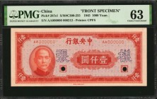 CHINA--REPUBLIC

CHINA--REPUBLIC. Lot of (2) Central Bank of China. 1000 Yuan, 1945 & ND (1945). P-287s1 & 287s2. Front & Back Specimens. PMG Choice...
