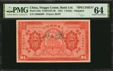 CHINA--REPUBLIC

(t) CHINA--REPUBLIC. Ningpo Commercial Bank Ltd. 1 Dollar, 1921. P-545s. Specimen. PMG Choice Uncirculated 64.

(S/M#S107-20). Pr...